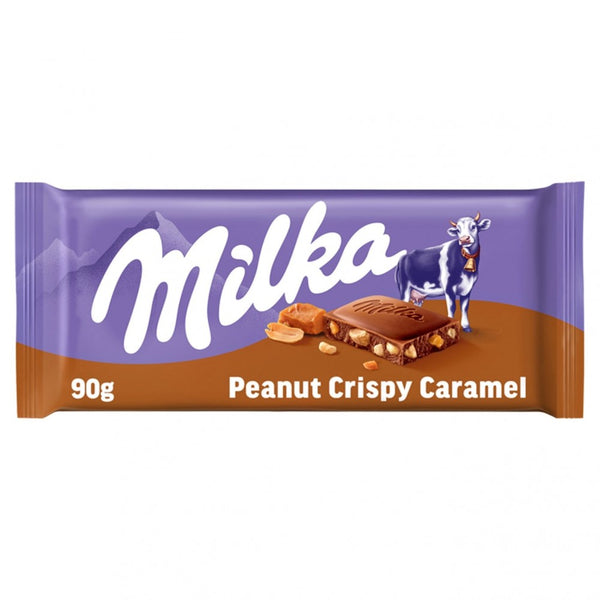 Milka Peanut Crispy Caramel chocolate, caramel-filled chocolate bar, Milka 90g bar, European chocolate, Milka Alpine milk chocolate, crunchy chocolate bar, peanut caramel chocolate, Milka snack, imported Milka chocolate, sweet and salty treat.