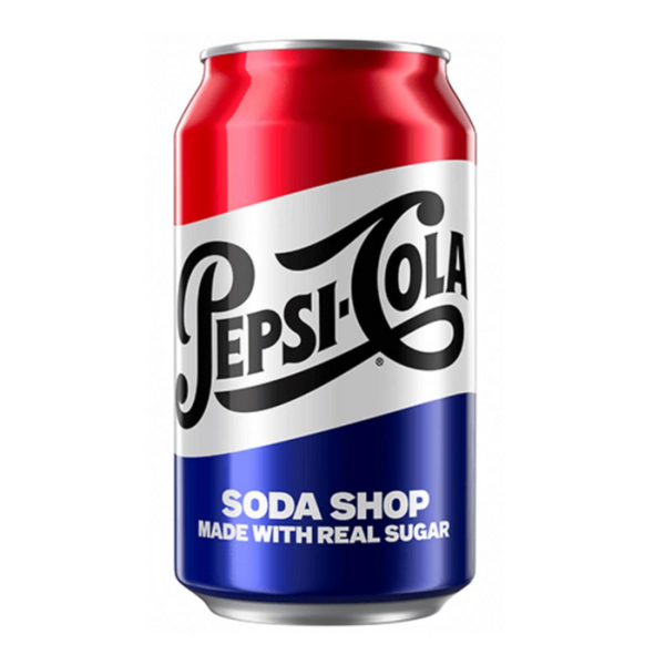 Pepsi Soda Shop, Pepsi with real sugar, classic Pepsi, nostalgic soda, vintage soda, Pepsi USA, 12oz can soda, cane sugar soda, retro Pepsi, soda shop beverage.