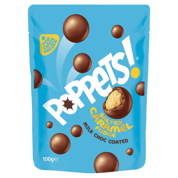 Poppets Milk Chocolate, salted caramel fudge, chocolate-coated fudge, sweet and salty snacks, bite-sized chocolate treats, resealable pouch snacks, caramel and chocolate candy, on-the-go candy, chocolate lovers treat, indulgent fudge candy, Poppets caramel chocolate.