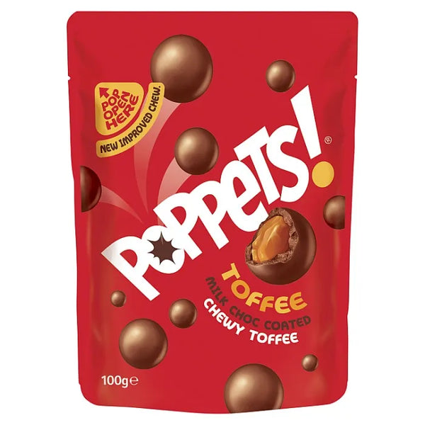 Poppets Milk Chocolate, toffee fudge snacks, chocolate-coated fudge, bite-sized chocolate treats, sweet and creamy candy, resealable pouch snacks, chocolate and toffee combination, on-the-go candy, indulgent chocolate fudge, Poppets toffee treats.