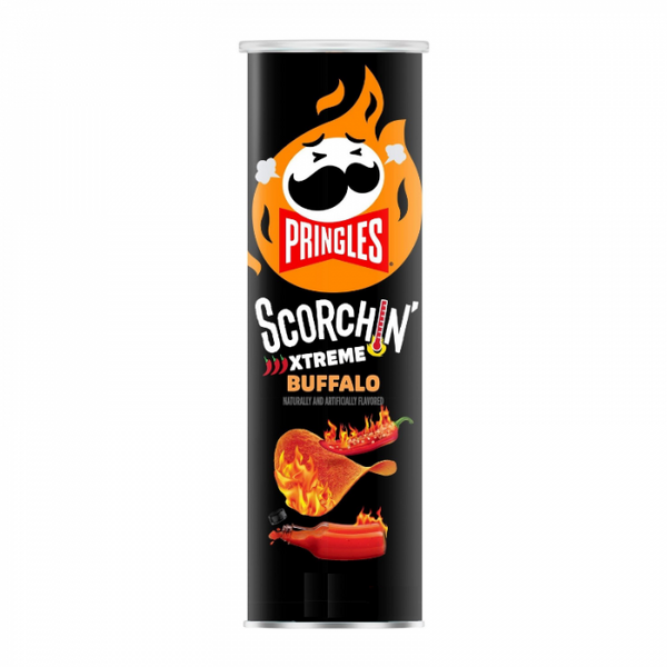 Pringles Scorchin' Xtreme Buffalo, spicy Buffalo chips, hot and tangy crisps, Pringles bold flavors, fiery snack crisps, extra-spicy Pringles, resealable chip can, Buffalo sauce chips, heat challenge snacks, spicy game night snacks.