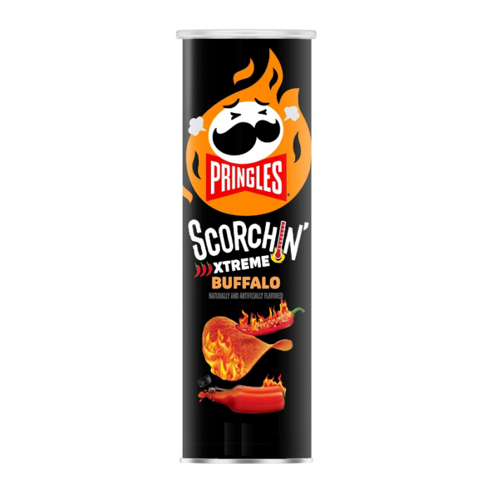 Pringles Scorchin' Xtreme Buffalo, spicy Buffalo chips, hot and tangy crisps, Pringles bold flavors, fiery snack crisps, extra-spicy Pringles, resealable chip can, Buffalo sauce chips, heat challenge snacks, spicy game night snacks.