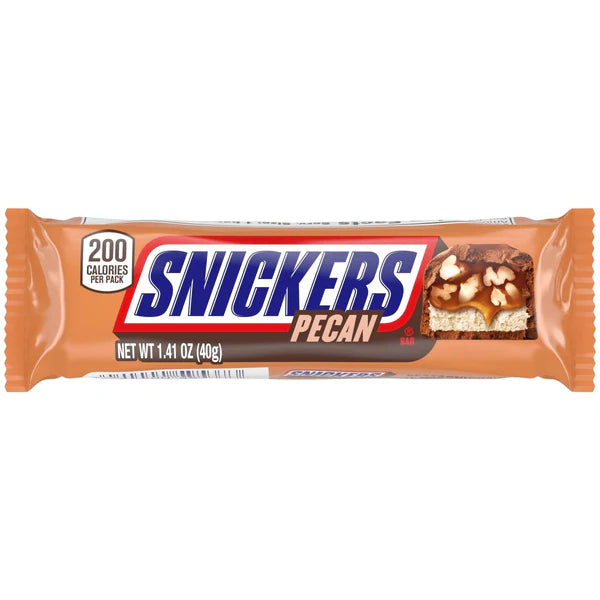 Snickers Pecan, limited edition Snickers, nutty candy bar, 1.41oz Snickers, pecan chocolate bar, Snickers with pecans, caramel nougat bar, USA Snickers, seasonal candy, unique chocolate bar.