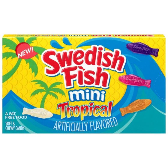 Swedish Fish Mini Tropical, tropical gummies, chewy candy, fruit-flavored gummies, theater box candy, tropical snacks, fat-free candy, tropical fruit candy, on-the-go snacks, Swedish Fish flavors.
