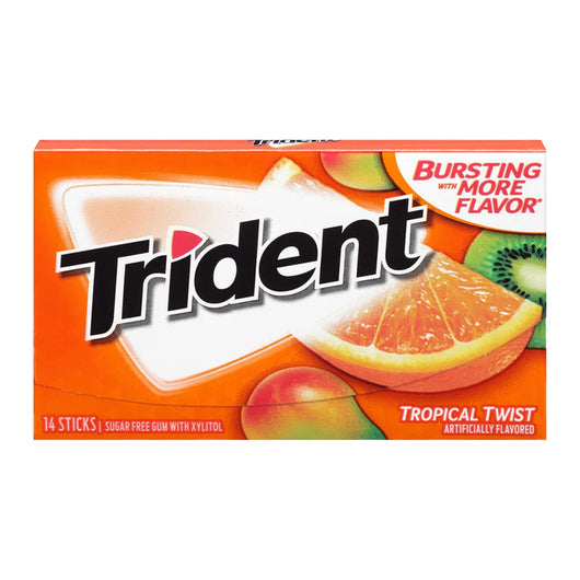 Trident Tropical Twist gum, sugar-free gum, tropical flavored gum, fruity gum, 14-piece Trident gum, Trident sugar-free, gum for fresh breath, tropical fruit gum, refreshing gum, exotic flavor gum.